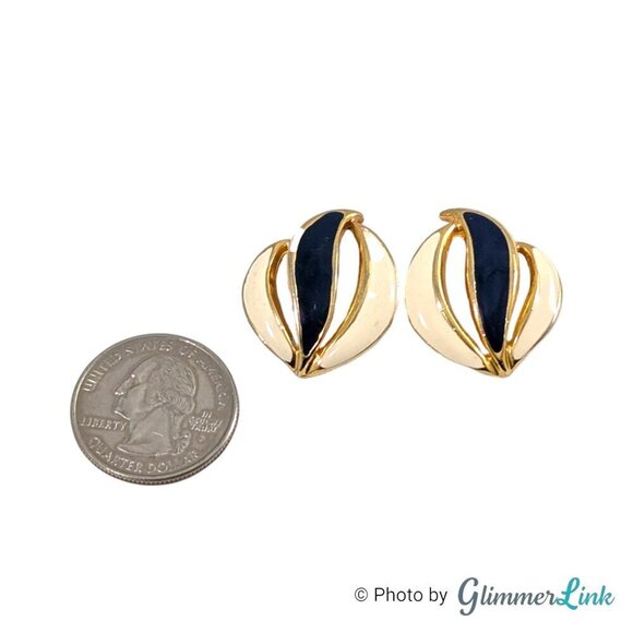 Vintage 80s Navy & Cream Enamel Feather Wave Gold Tone Stud Pierced Earrings - Picture 5 of 8